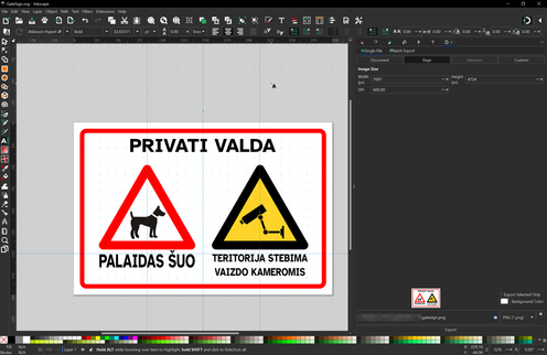 Screenshot of Inkscape designing a sign for a gate. The sign has a red frame, a warning about a dog (to be installed ASAP) and CCTV cameras and is in Lithuanian language. There's nice rounded corners on the frame and the triangular warning shapes. The workspace has some guide lines and a dotted grid overlaid. The export to PNG tab is open.