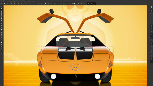 Vector illustration of Mercedes Benz Type C111 car with a portrait of Andy Warhol behind it. Made with Inkscape not Adobe Illustrator.