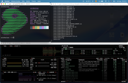 tres finestres de terminal connectades al PC amb Gentoo, una amb neofetch, la segona descarregant i compilant paquets i la tercera amb btop