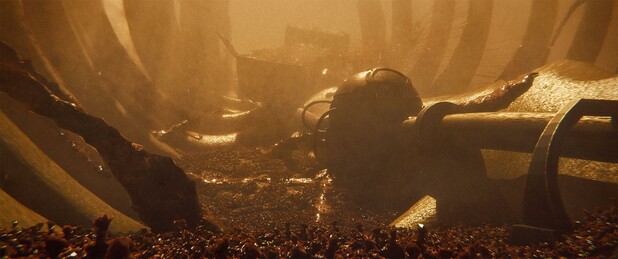 Wide shot, exterior, "day"

An immense ribcage claws its way out of the fleshy 'ground'.  Next to it, a wreck of some sort of airship was long ago used as an origin point for various pipes that extend along the spine and into the ground.