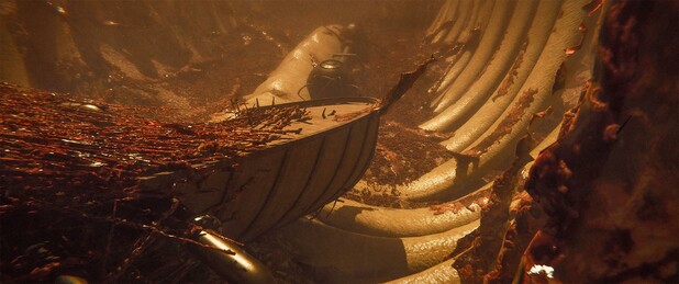 Wide shot, exterior, "day"

An immense ribcage claws its way out of the fleshy 'ground'.  Next to it, a wreck of some sort of airship was long ago used as an origin point for various pipes that extend along the spine and into the ground.