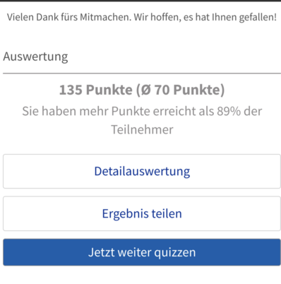 Screenshot Quizauswertung. 135 von 200 möglichen Punkten - mehr als 89% der Teilnehmenden (im Schnitt 70 Punkte).