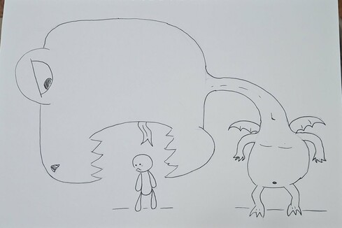 a sketch of an unnamed Dragonsaurus (a creature with a giant, squarish head, comically long neck, tiny wings, man boobs, a large belly button and duck's feet) about to eat a child (who appears to be made of eggplants).