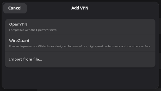 A screenshot of the Gnome VPN wizard.  It now has "Wireguard" listed directly.