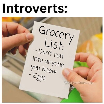 Label: Introverts

Picture: two hands holding a piece of paper. Paper reads…

Grocery List:

-don’t run into anyone you know 
- eggs