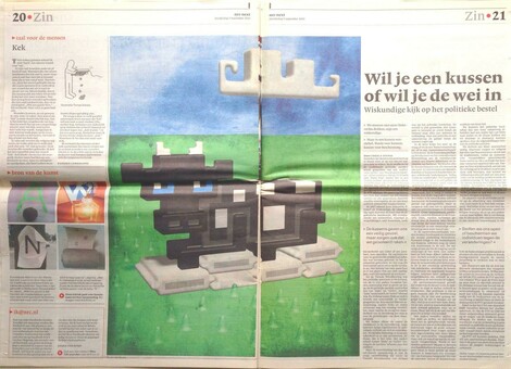 Newspaper spread, featuring a voxel-style cow character design, lying in a meadow on a pile of pillows.