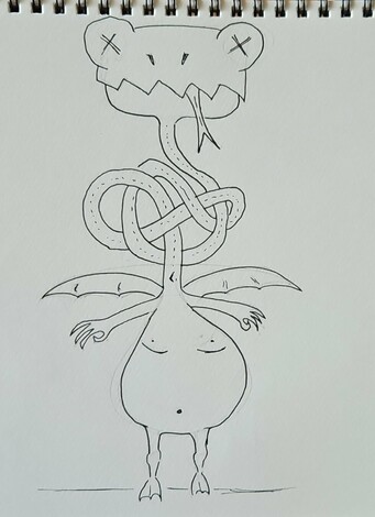 a Dragonsaurus with a knot in its neck. Its eyes are Xed out, its forked tongue is sticking out, its arms are stubby, but it's still standing on its duck feet.