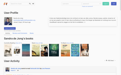 Een screnshot van mijn Bookwyrm-account. Je ziet een profielfoto en ongeveer negen voorkanten van boeken. Onder andere eentje met een getekende reebok op de voorkant, eentje met een getekende karper op de voorkant, eentje met houtgesneden vogeltjes op een foto.