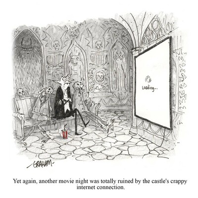 A cartoon illustration of a frustrated vampire in a castle looking at his tv screen showing a loading bar. Caption reads "Yet again, another movie night was totally ruined by the castle's crappy internet connection."
