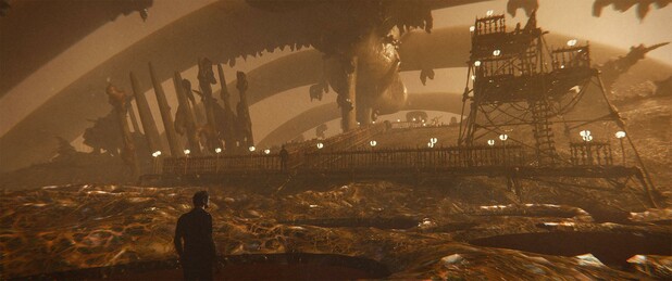 Wide shot, exterior, day -

The Gore Fields respawn point is a honeycomb-like area of the 'ground' underneath a giant ribcage with bits of flesh hanging from it. On one side, people have constructed a multi-level platform to give the newly reincarnated a point to focus on and move towards.  A man in the foreground has just respawned in his particular pool.