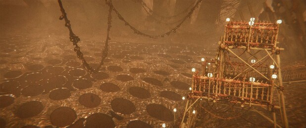 Wide shot, exterior, day -

The Gore Fields respawn point is a honeycomb-like area of the 'ground' underneath a giant ribcage with bits of flesh hanging from it. On one side, people have constructed a multi-level platform to give the newly reincarnated a point to focus on and move towards.