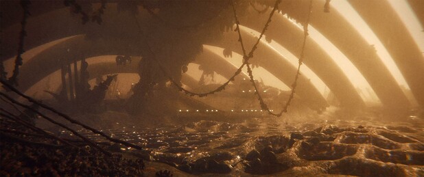 Wide shot, exterior, day -

The Gore Fields respawn point is a honeycomb-like area of the 'ground' underneath a giant ribcage with bits of flesh hanging from it. On one side, people have constructed a multi-level platform to give the newly reincarnated a point to focus on and move towards.