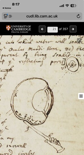 An illustration of a scientific instrument, resembling a bowl or dish with a handle, accompanied by handwritten text. The text discusses concepts related to water and transparency. The image, drawn of Sir Isaac Newton's eyeball by himself,  includes labels and diagrams, indicating a detailed study or experiment. 🍸🐈