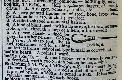 Definitions of a bodkin, which Sir Isaac Newton diagrammed  as inserted behind his own eyeball in gh of the other photo🍸🙀