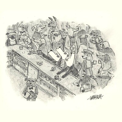 A cartoon illustration of three dogs singing together as they sit at a busy crowded bar filled with other dogs.