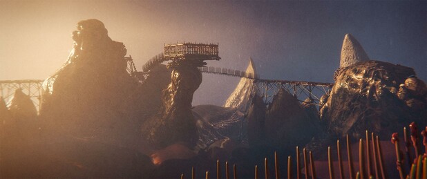 Wide shot, exterior, day -

A platform overlooking the sphincter that supplies drinkable "water" to most of the Gore Fields.