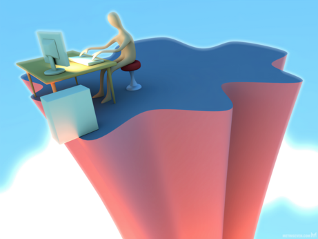 Stylized 3D illustration, depicting a character sitting on a high cliff  in front of a desk with a monitor on it and a PC case beneath the table. The PC case is balancing on the edge of the cliff.