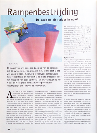 Page from the Dutch PC-Active paper magazine, featuring a stylized 3D illustration, depicting a character sitting on a high cliff  in front of a desk with a monitor on it and a PC case beneath the table. The PC case is balancing on the edge of the cliff.