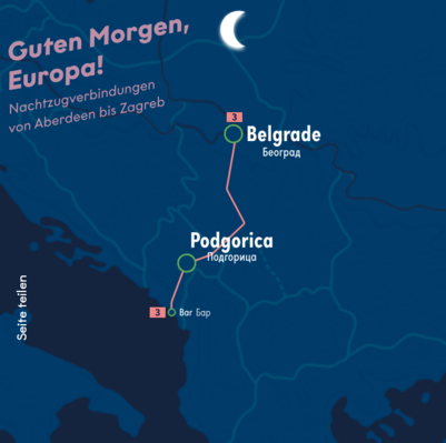 screenshot von https://nachtzugkarte.de/ - zu sehen ist der Balkan mit Zugstrecke "3" von Belgrade nach Bar via Podgorica
