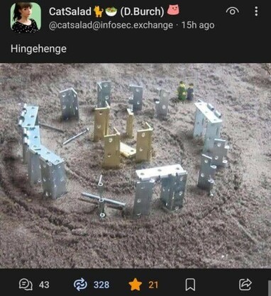 The image shows a circular arrangement of metal brackets and bolts on a sandy surface. The arrangement resembles the ancient stone circle of Stonehenge, with metal brackets standing upright in a circular pattern, some in silver and others in gold. The central area of the circle contains a few gold brackets, and a few bolts are scattered around the circle. In the background, two small figurines are visible, standing on the sand. The image is accompanied by a tweet from the user "CatSalad" with the handle "[@]catsalad[@]infosec.exchange," posted 15 hours ago. The tweet is titled "Hingehenge." The image has received 43 comments, 328 retweets, and 21 likes.