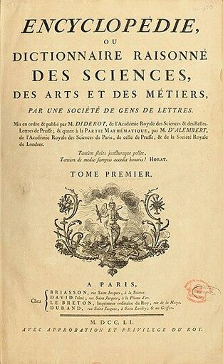 Title page of the “Encyclopedia or Reasoned Dictionary of Science, Arts, and Crafts” Published under the direction of Denis Diderot and Jean le Rond D'Alembert

https://fr.wikipedia.org/wiki/Encyclop%C3%A9die_ou_Dictionnaire_raisonn%C3%A9_des_sciences,_des_arts_et_des_m%C3%A9tiers#/media/Fichier:Encyclopedie_de_D'Alembert_et_Diderot_-_Premiere_Page_-_ENC_1-NA5.jpg