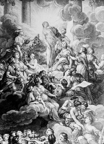 Frontispiece of L’Encyclopédie (detail) drawn by Charles-Nicolas Cochin and engraved by Bonaventure-Louis Prévost. In the center, Truth, radiant with light, is covered by a veil that Reason, to her left, is trying to tear away. At her feet, Theology awaits the light from above.

https://fr.wikipedia.org/wiki/Encyclop%C3%A9die_ou_Dictionnaire_raisonn%C3%A9_des_sciences,_des_arts_et_des_m%C3%A9tiers#/media/Fichier:Encyclopedie_frontispice_section_256px.jpg