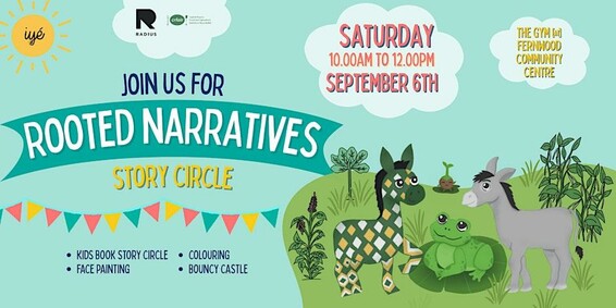 Poster advertising a "Rooted Narratives Story Circle" event at The Gym in Fernwood Community Centre on Saturday, September 6th, from 10:00 am to 12:00 pm, featuring a cartoon illustration of a green-and-gold diamond-patterned donkey, a gray donkey, a green frog, and a sprouting plant. Other activities include a kids' book story circle, face painting, coloring, and a bouncy castle, with event sponsors' logos displayed in the upper-left corner.