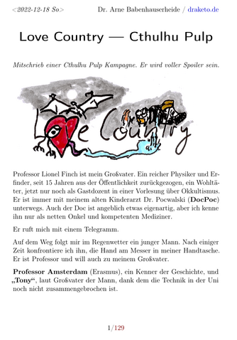 Erste Seite des Mitschriebs mit Zeichnung von Herz, fliegendew Wesen, Fluss und drei Leuten vor einem Auto um den Text Love Country.
