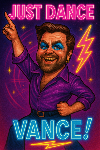A retro-style poster of JD Vance pulling a disco pose.