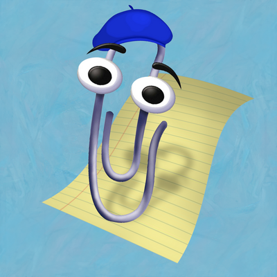 The image depicts Clippy, a cartoon paperclip wearing a blue beret. Clippy has large, expressive eyes with black pupils and white sclera, conveying a friendly and animated demeanor. Its eyebrows are arched in a curious expression. The paperclip is positioned on a slightly tilted, yellow lined notepad. The background is a solid light blue, offering a simple and clean contrast that emphasizes the character. The overall style is playful and whimsical, with exaggerated features characteristic of animated characters.