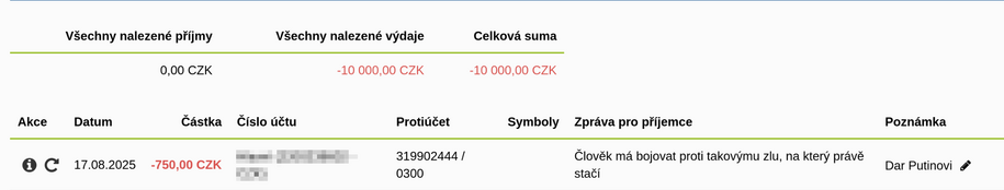 Screenshot trvalého příkazu na 750 Kč pro Dar Putinovi. V součtu jsou trvalé příkazy za 10000 Kč.