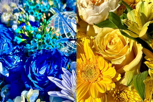 Slava Ukraine set of blue flowers on the left and yellow on the right.