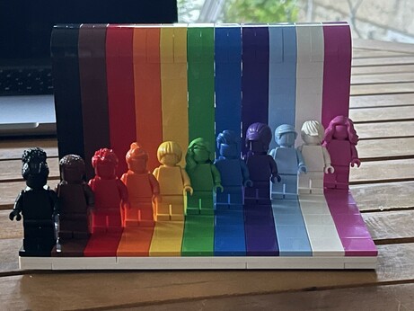 An assembled LEGO "everyone is awesome" kit. That is 11 LEGO figurines with different hairdos and each a different color to resemble the LGBTQ+ colors. That stand on similar colors lanes on a stage.
