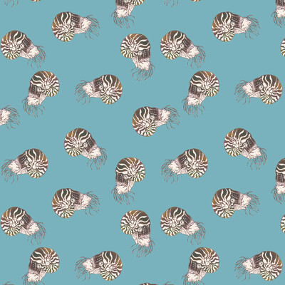 As described this is a repeat pattern made with a random smattering of my linocut nautilus (and its reflection) in variable bronze-gold-purple ink on white, against a light teal background