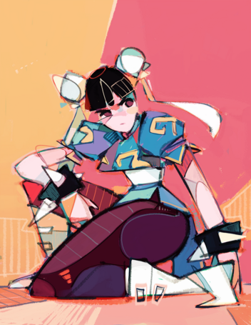 An illustration of Chun Li from Capcom’s Street Fighter franchise, down on a single knee and resting her elbow atop the other.  She is looking off to the side with a mean mug.  The background is a muted pink & yellow.