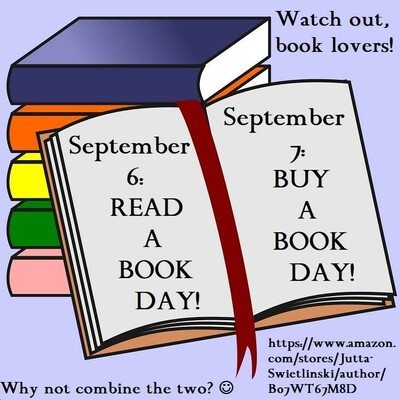 Image of a stack of books, one of them opened in the middle, inscribed with the above-mentioned advertising text. (Picture: Pixabay)