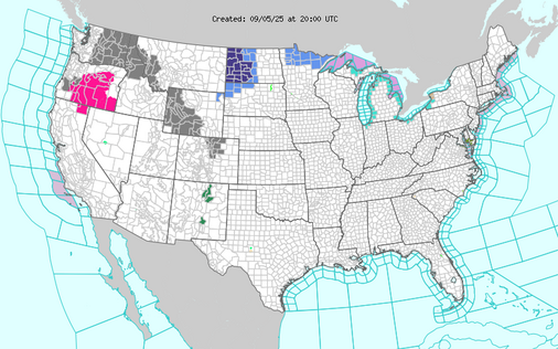 Short Range Forecast Discussion
NWS Weather Prediction Center College Park MD
313 AM EDT Fri Sep 05 2025

Valid 12Z Fri Sep 05 2025 - 12Z Sun Sep 07 2025

...There is a Slight Risk of severe thunderstorms over parts of the
Tennessee/Ohio Valleys on Friday...

...There are Air Quality Alerts over parts of the Northwest and
Northern/Central High Plains...

A front extending from the Great Lakes to the Middle Mississippi Valley
and then across parts of the Southern Plains will move eastward to just
off the Northeast/Mid-Atlantic Coast, across the Southeast to the Gulf
Coast States by Sunday.  Showers and severe thunderstorms will develop
along and ahead of the boundary over parts of the Ohio/Tennessee Valley.
Therefore, the SPC has issued a Slight Risk (level 2/5) of severe
thunderstorms over parts of the Ohio/Tennessee Valley through Saturday
morning.  The hazards associated with these thunderstorms are frequent
lightning, severe thunderstorm wind gusts, hail, and a few tornadoes.

On Saturday, as the front moves eastward, strong to severe thunderstorms
will develop over parts of the Northeast and Mid-Atlantic. Showers and
thunderstorms will also develop over parts of the Ohio/Tennessee Valleys,
Lower Mississippi Valley, and into the Southern Plains. In addition, a
weak front lingering over Florida will produce showers and thunderstorms
through Sunday.

Moreover, monsoonal moisture, diurnal heating, and upper-level impulses
will produce showers and thunderstorms over Southern