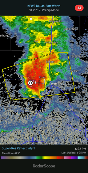 A radar showing a severe storm moving towards Denton Texas.