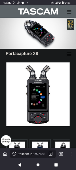 The image displays a webpage featuring a Tascam Portacapture X8 digital audio recorder. At the top, the Tascam logo is prominently displayed against a gray background. Below the logo, there is a picture of the Portacapture X8, showcasing its sleek black design with two adjustable microphones on either side. The device's screen is visible, displaying various icons and settings, including "ASMR," "Manual," and "General Settings." The text "Portacapture X8" is written in white below the image. The webpage also includes a badge indicating the product won the "IMOVEMAKER GEAR OF THE YEAR AWARDS 2022." At the bottom of the image, there is a navigation bar with a search bar containing the URL "tascam.jp/int/prod," and options for "Cookie Settings" and a menu icon. The overall layout is clean and professional, emphasizing the product's features and design.

Provided by @altbot, generated privately and locally using Ovis2-8B

🌱 Energy used: 0.768 Wh