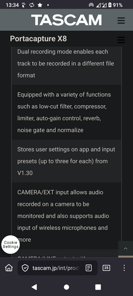 The image displays a mobile device screen showing a product page for the TASCAM Portacapture X8. The page is dark-themed with white text, featuring a header with the TASCAM logo and a menu icon. The product description highlights features such as dual recording mode, various audio functions like low-cut filter, compressor, limiter, auto-gain control, reverb, noise gate, and normalize. It also mentions storing user settings and input presets, and the ability to monitor audio from a camera or wireless microphones. The URL at the bottom indicates the page is from tascam.jp/int/product. The screen shows a battery level of 91%, time as 13:34, and a network status of 4G