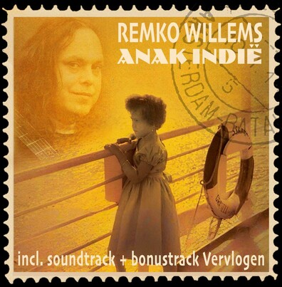 A girl in a dress leans on a ship's railing with a lifebuoy. A man’s face is superimposed. Text: "Remko Willems Anak Indiē." Vintage mood.