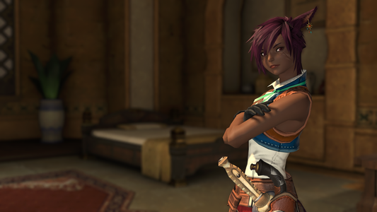 My purple and short-haired miqo'te in Final Fantasy 14, with her arms crossed, looking slightly sideways at the camera. She's in the "Inn" room in Ul'dah.