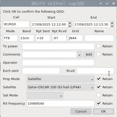Wsjtx "Log QSO" modal, with FT8 QSO details and options "Prop Mode" set to "Satellite", "Satellite" set to "Qatar-Oscar 100", and "RX Frequency" set to 10489540 KHz.