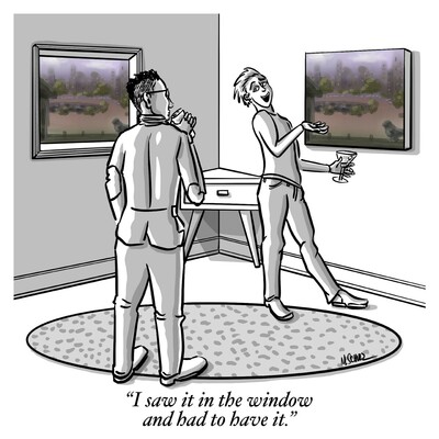 This is a black and white single-panel cartoon by M. Schulz. Two people stand in a corner of a room. On one wall, there is a window showing an outdoor scene of trees, water, and city buildings in the background. On the adjacent wall, there is a framed painting that is identical to the view through the window. One person, holding a drink and gesturing enthusiastically toward the painting, is speaking to the other, who stands with hands in pockets and appears to be listening thoughtfully. The caption at the bottom reads: “I saw it in the window and had to have it.”