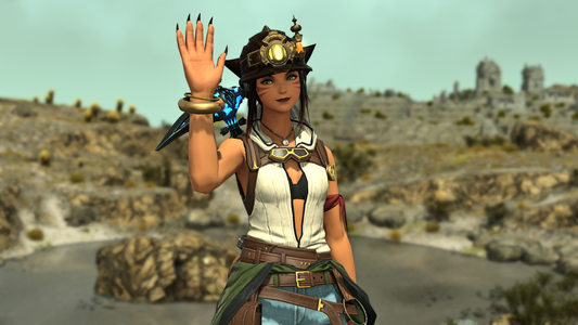 My main Miqo'te in FFXIV, in a mining hat (that has room for ears!) and a loose and airy mining top, with about three belts for various tools and whatever you dig up. She's smiling gently, looking at the camera and raising her right hand-paw to say "goodbye".