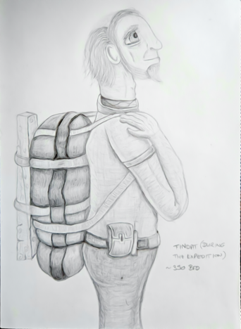 An original character (OC) drawing of mine depicting an older male human's side profile. He has large eyes (just due to my drawing style), sideburns and beard that join the front of his hair, and a smooth goatee-style end to the beard. He is carrying an enormous backpack because he and a diplomatic team are currently trekking through a forest in my ongoing story.

The text reads: Findat (during the Expedition) ~350BFD