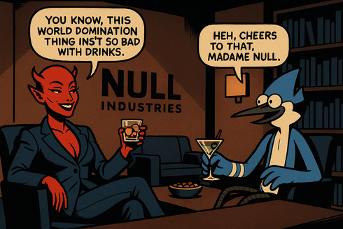 Madame Null with Wamus at Null Industries office during evening business catch-up.