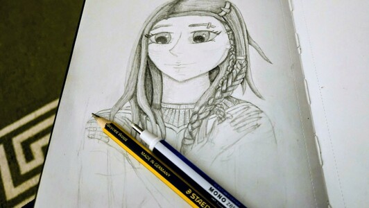 Just my continued sketch of a female character with her arms crossed over her body, hands resting on their opposite shoulders.