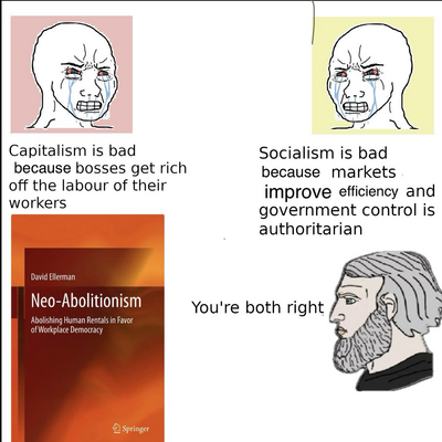 Socialist say, capitalism is bad because bosses get rich off the labor of workers.

Capitalist says, socialism is bad because markets improve efficiency and government control is authoritarian.

A picture of the cover of Neo-Abolitionism: Abolishing Human Rentals in Favor of Workplace Democracy by David Ellerman

Cartoon drawing of David Ellerman saying you’re both right