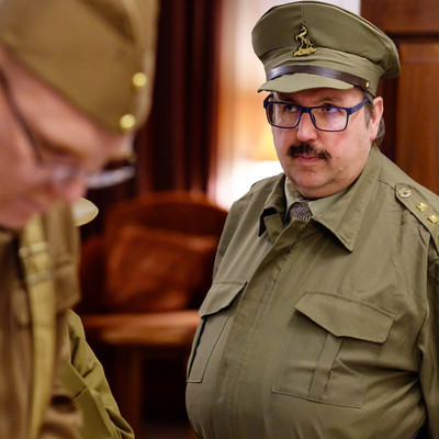 man dressed as captain Mainwaring glaring.  